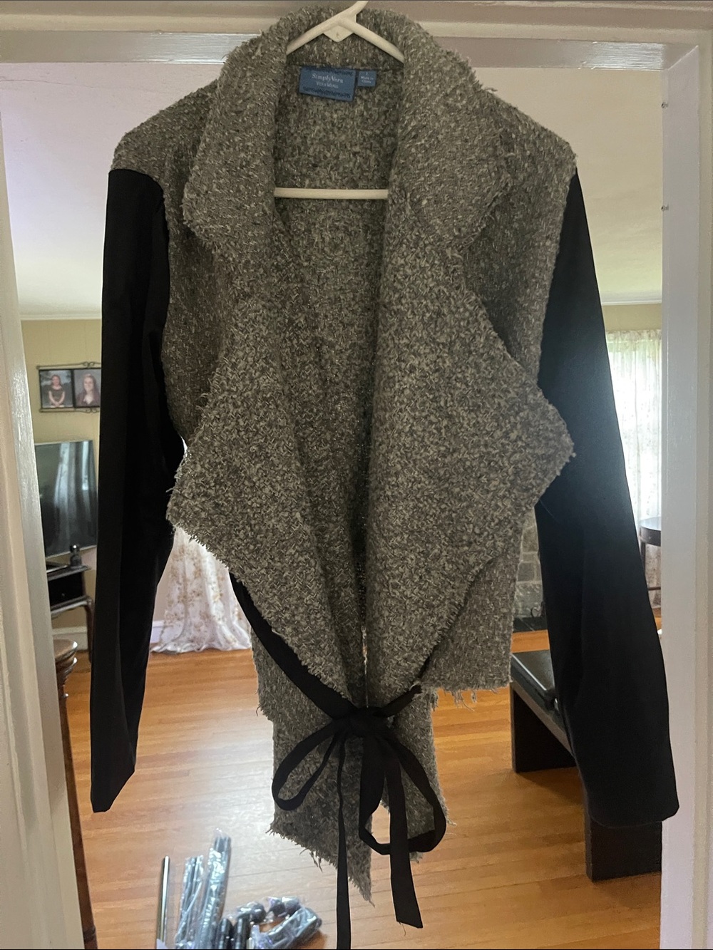 Simply Vera Vera Wang Gray Bouclé Cardigan with Black Sleeves